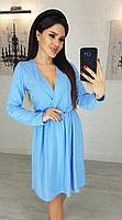 Коктейльное платье женское с вырезом на запах голубое платье с длинным рукавом приталенное платье из ангоры