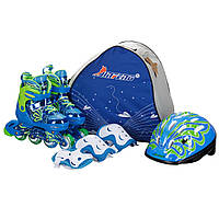 Роликовые коньки раздвижные детские в наборе защита, шлем, сумка JINGFENG размер 31-38 синий