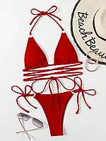 Раздельный купальник бикини с длинными завязками красный