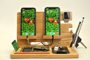 Настільна підставка для 2-х телефонів годинника гаджетів з дерева Індивідуальне гравіювання Ostin Натуральний