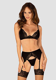 Спокусливий комплект Obsessive BELLASTIA SET bra, garter belt & thong Чорний XL/XXL