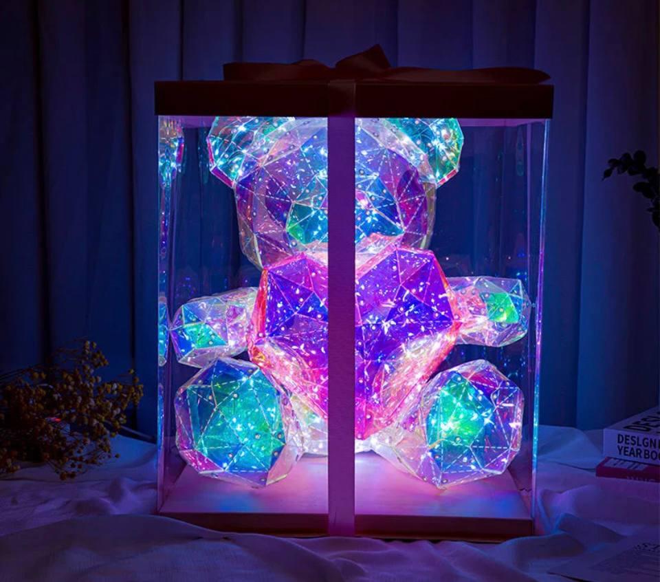 Нічник ведмедик LED світильник 3D ведмідь, що світиться, подарунок дитині дівчині близькій людині з рожевим серцем 30 см