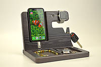 Подставка-органайзер из дерева для гаджетов телефона часов Apple и визиток + персональная гравировка имени