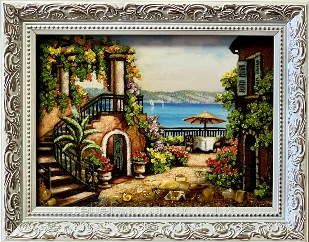 Картина пейзаж з бурштину Морський, подарунок картина 15*20 см