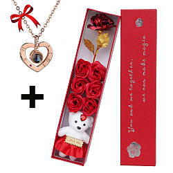 Подарунковий набір з мильними трояндами та ведмедиком + Подарунок Кулон з проекцією "I love you"