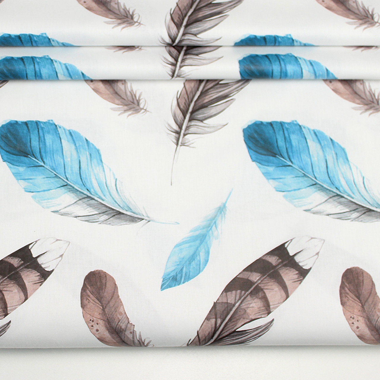 Ранфорс digital з цифровим друком шириною 240 см "Пір'я" синьо-коричневі на білому № РЦ - 3223, фото 1