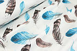Ранфорс digital з цифровим друком шириною 240 см "Пір'я" синьо-коричневі на білому № РЦ - 3223, фото 3