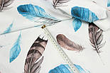 Ранфорс digital з цифровим друком шириною 240 см "Пір'я" синьо-коричневі на білому № РЦ - 3223, фото 6