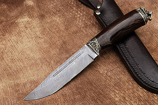 Ніж ручної роботи мисливський Хантер 3, нескладний ніж з дамаської сталі, зі шкіряним чохлом у комплекті