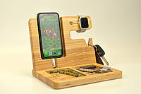 Деревянная подставка органайзер для гаджетов, телефона / ключей / часов / с зарядкой из дерева ясень