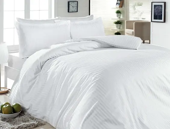 Білий євро максі комплект постільної білизни в смужку 200*220 бавовняний із Бязі Gold з простирадлом на гумці, Черешенька, фото 1