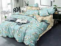 Двуспальный набор постельного белья бежевый с голубым Цветы 180*220 Бязь Gold простынь на резинке Черешенка