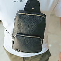 Компактная кожаная мужская сумка слинг Yozone черная Сумка кожаная для мужчин Слинг черная