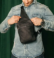 Компактная кожаная мужская сумка слинг Boston Yozone черная Сумка кожаная для мужчин Слинг черная