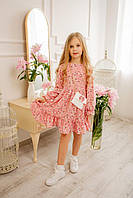 Нарядное детское платье из ткани софт с сумочкой цветочный принт розовое