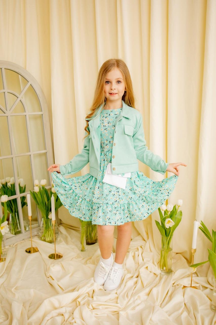 Дитяча весняна сукня з сумочкою та жакет із замша (110 розмір) зеленого кольору