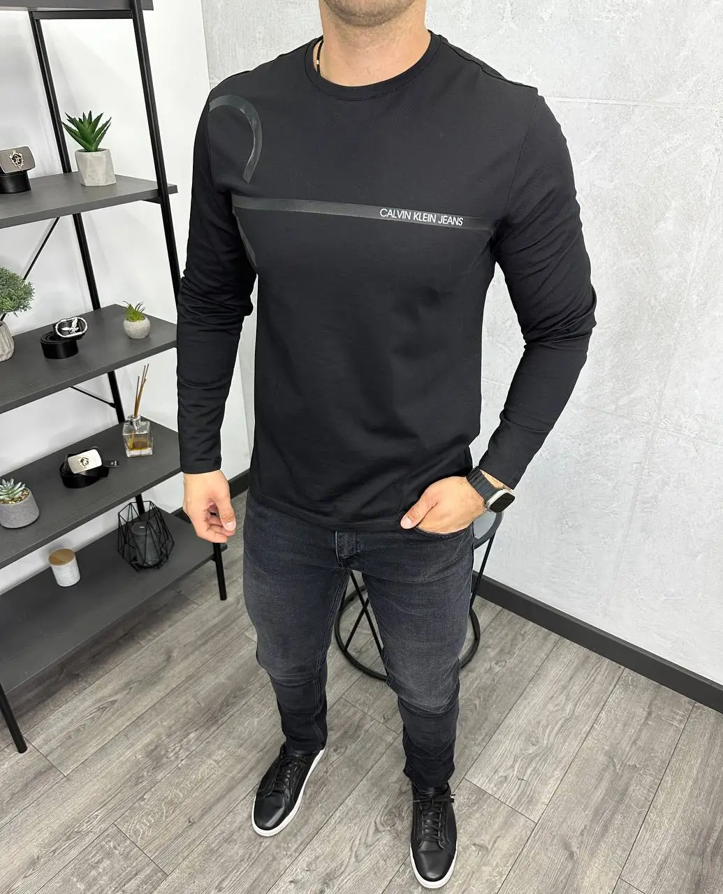 Чоловічий лонгслів Calvin Klein чорний брендовий світшот CK весна осінь