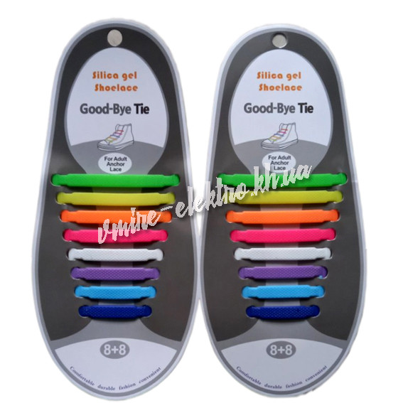 Силіконові шнурки Веселка, Комплект 16 шт (8+8), фото 1