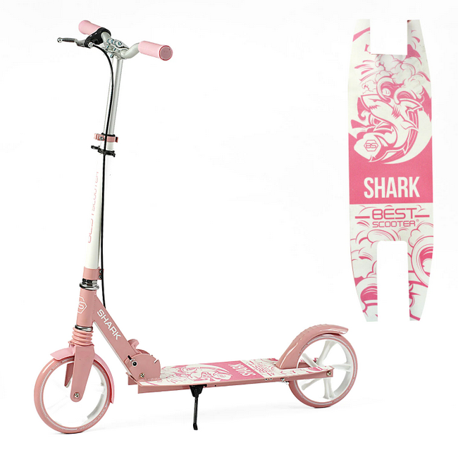 Самокат двоколісний Best Scooter SHARK рожевий алюмінієвий з ручним гальмом колеса 20см передній амортизатор