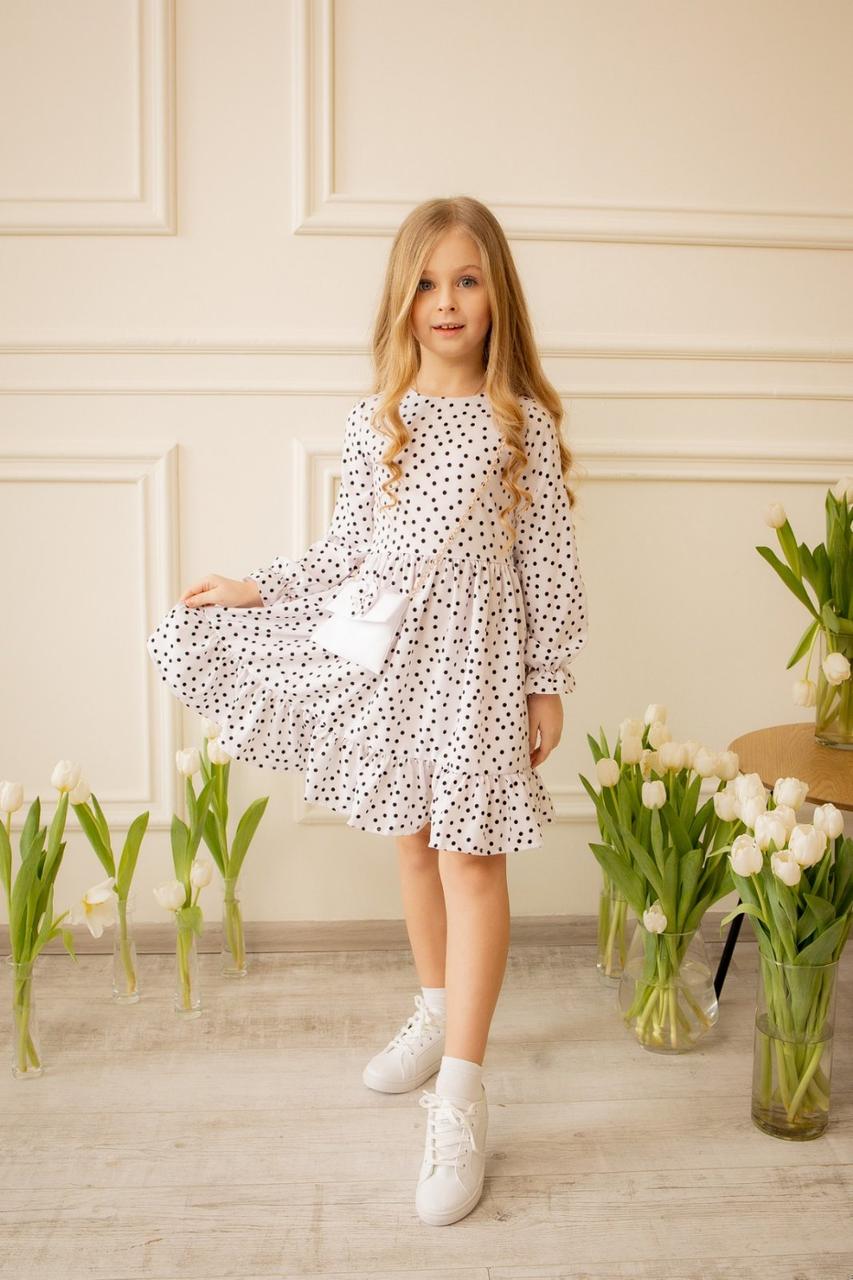 Дитяча сукня весняна в білий горох із сумочкою біле