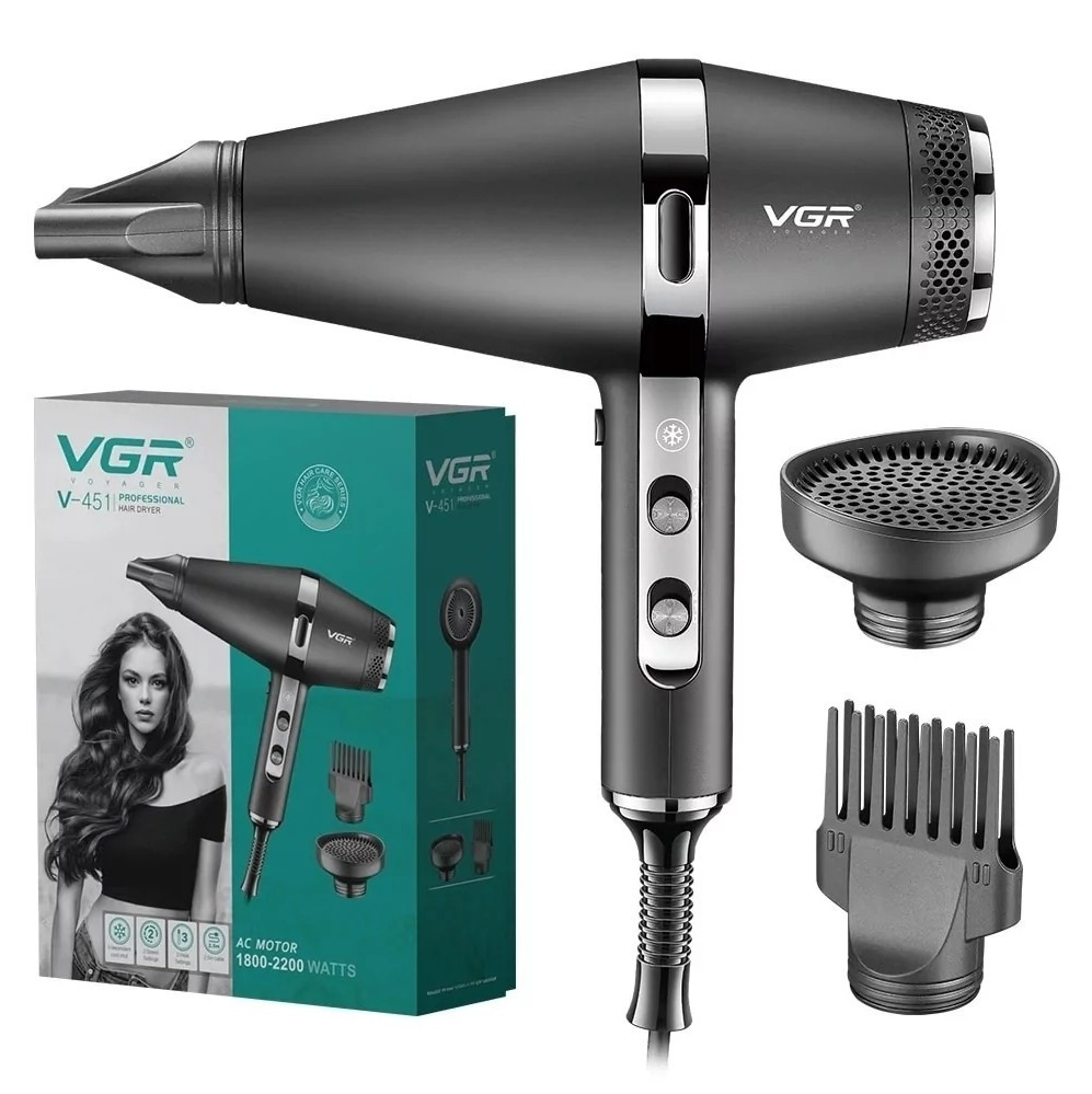 Фен для волосся VGR з дифузором та насадками, V-451