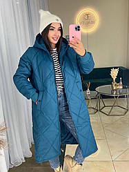 Жіноча довга куртка-пальто стьобана утеплена демісезонна, синя, бежева, сіра
