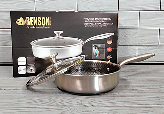 Сковорода глибока з неіржавкої сталі 22 см Benson BN-585 / Сковорода — Сотейник/Скородка професійна