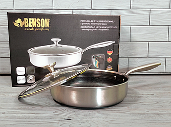 Сковорода глибока з неіржавкої сталі 28 см Benson BN-588 / Сковорода — Сотейник/Скородка професійна