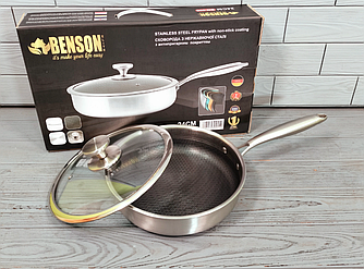 Сковорода глибока з неіржавкої сталі 24 см Benson BN-586 / Сковорода — Сотейник/Скородка професійна