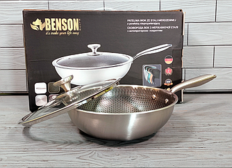 Сковорода глибока WOK з неіржавкої сталі 26 см Benson BN-589 / Сковорідка професійна