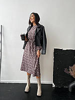 Женское нежное платье миди софт Турция с цветочным принтом романтического фасона с длинным рукавом BBV Капучино, 44/46
