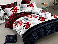 Семейный набор хлопкового постельного белья из Ранфорса черно-белый с принтом красные цветы, Черешенка