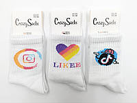 Подростковые носки Crazy Socks теннис стрейчевые с принтом INSTAGRAM TIK TOK 35-38 12 пар/уп белые