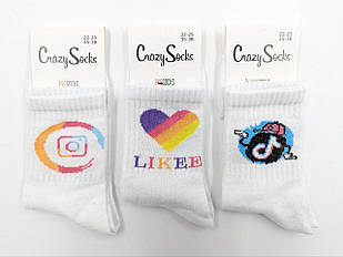Підліткові шкарпетки Crazy Socks теніс стрейчеві з принтом INSTAGRAM TIK TOK 35-38 12 пар/уп білі