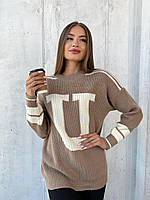 Жіночий стильний в'язаний светр з буквою молочний мокко довгий вільний вільний розмір 42-46