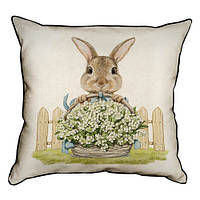 Подушка с мешковины Кролик с корзиной цветов 45x45 см (45PHB_23M016)