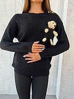 Жіночий стильний светр ангора з іграшкою ведмедиком чорний довгий вільний вільний розмір 42-46 кофта з ведмедем