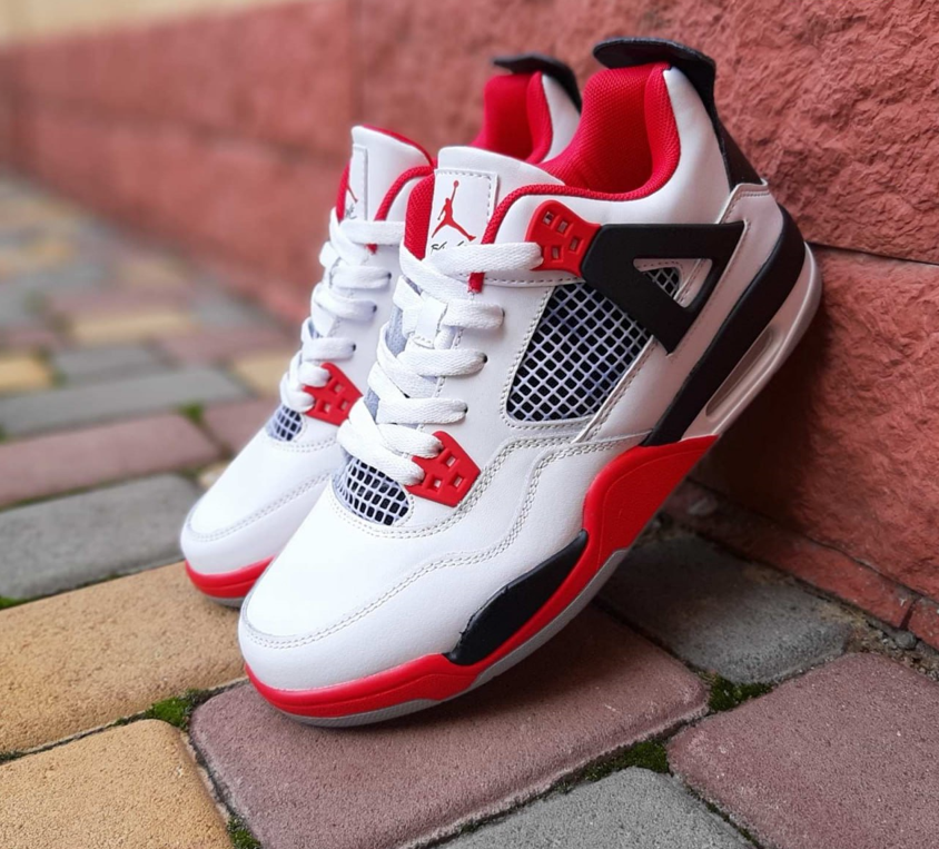 Чоловічі кросівки Nike Air Jordan 4 White Red Взуття Найк Джордан Ретро 4 білі з червоним шкіряні