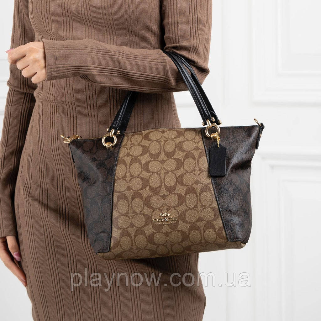 Сумка COACH Оригінал COACH Kacey Khaki Brown Blocked Signature Canvas Top Zip Satchel Handbag