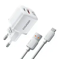 Блок для зарядки телефона Essager 20W GaN USB + Type-C White + кабель Швидка зарядка
