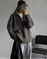 Теплая женская меховая кофта-худи в стиле оверсайз с горловиной на молнии и карманом кенгуру Цвет Графит