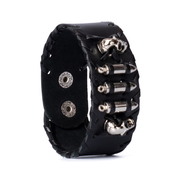 Фото браслет на руку шкіряний чорний широкий з декоративними кулями та черепами арт.00262