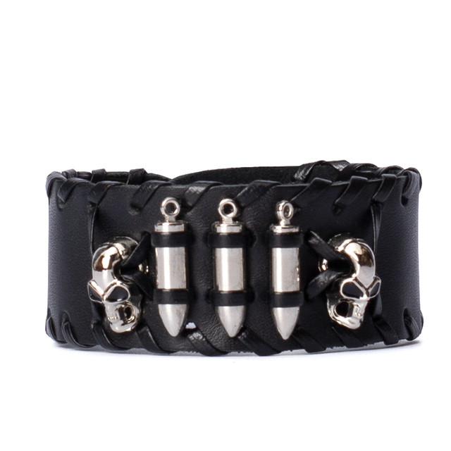 Фото браслет на руку шкіряний чорний широкий з декоративними кулями та черепами арт.00262