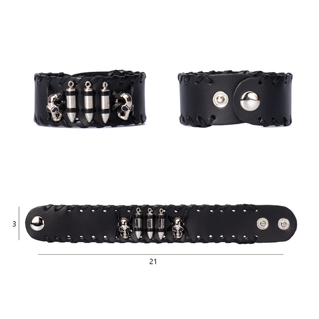 Фото браслет на руку шкіряний чорний широкий з декоративними кулями та черепами арт.00262