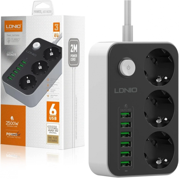 Мережевий фільтр подовжувач 3 розетки з 6 USB 2 м із захистом із заземленням LDNIO SE3631 2500W 10A