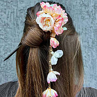 Шпилька для волосся на дерев'яній основі з підвісом "Прекрасні квіти"