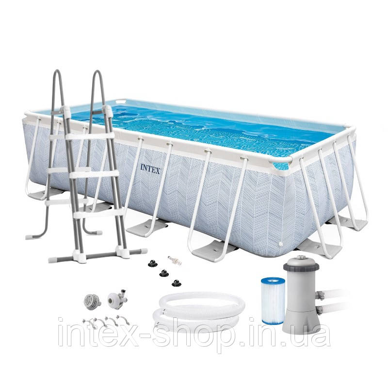 Каркасний прямокутний басейн Intex 26780 (400х200х100 см) (Картриджний фільтр-насос 2006 л/год, драбина)
