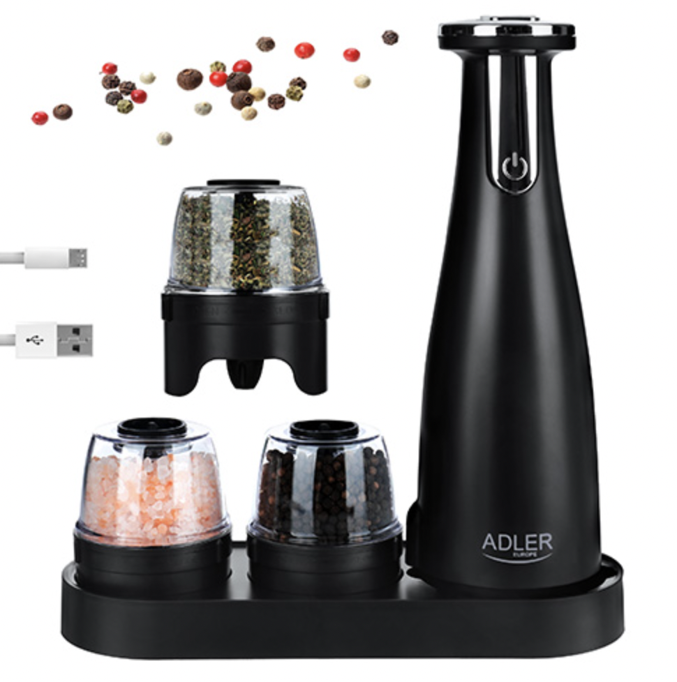 Подрібнювач спецій 3в1 Adler AD 4449b Набір з 3 мельниць для спецій, солі та перцю - USB, фото 1