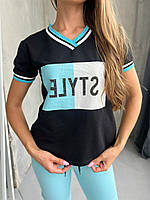 Жіночий спортивний костюм чорно блакитний футболка і штани на кожен день демісезон розмір 42-48