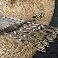 Набор шампуров "Дикий кабан" с вилкой, рукоять литье из бронзы в колчане из плотной натуральной кожи